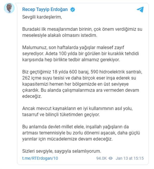 Cumhurbaşkanı Erdoğan, Telegram üzerinden ilk mesajını paylaştı: Kuraklık tehdidine karşı hep birlikte tedbir almalıyız