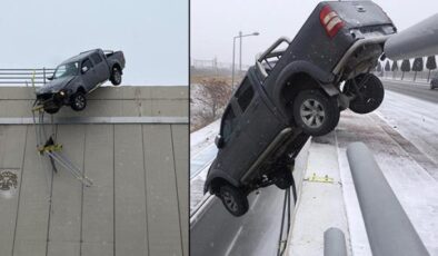 Kar nedeniyle kayan kamyonet köprüde asılı kaldı, sürücü mucizevi bir kurtuluşa imza attı