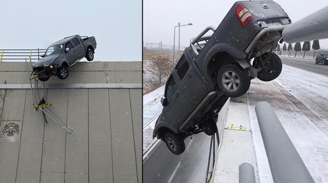 Kar nedeniyle kayan kamyonet köprüde asılı kaldı, sürücü mucizevi bir kurtuluşa imza attı